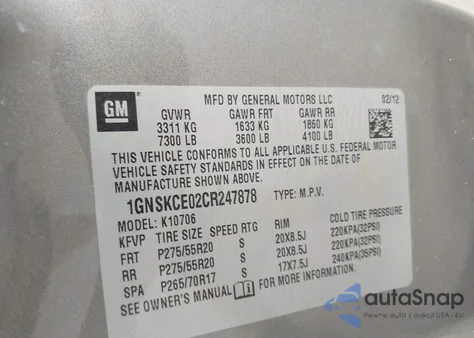 2012 Chevrolet Tahoe Ltz z USA, uszkodzony, nr VIN 1GNSKCE02CR247878